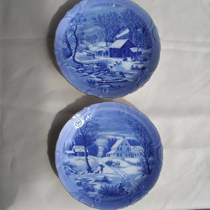 Vintage 2 Plates Currier & Ives Winter Scenes Blue-White Home Wall Decor Japan